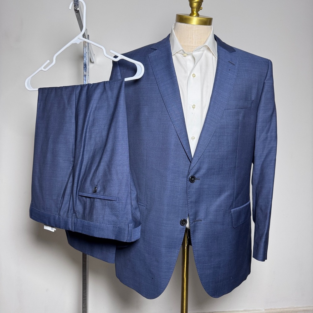 Hugo Boss Suit Mens 46R 38x27 Blue Micro-pattern Guabello Super 130s Wool 2pc